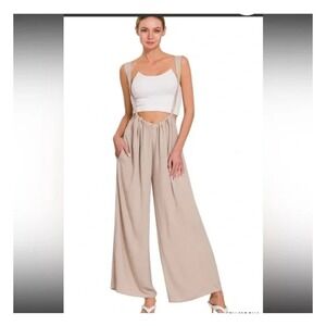 Zenana Women's Wide Leg Jumpsuit Suspender Beige Casual Beach Vacation Resortwea